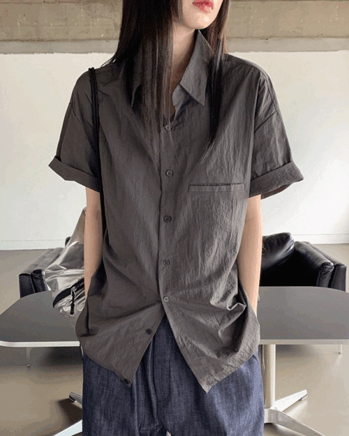 [2천장 판매/UNISEX] 패스트 나일론 스트링 오버핏 반팔 남방 셔츠