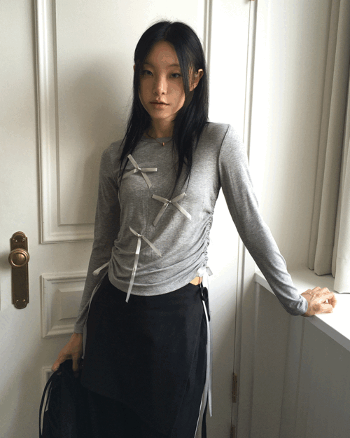 [리본핀포함] 프코 사이드 셔링 끈 리본 긴팔 티셔츠