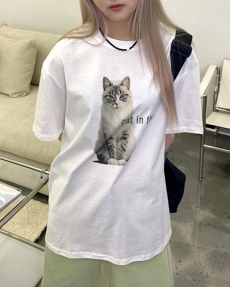 인더스 고양이 프린팅 루즈핏 반팔 티셔츠