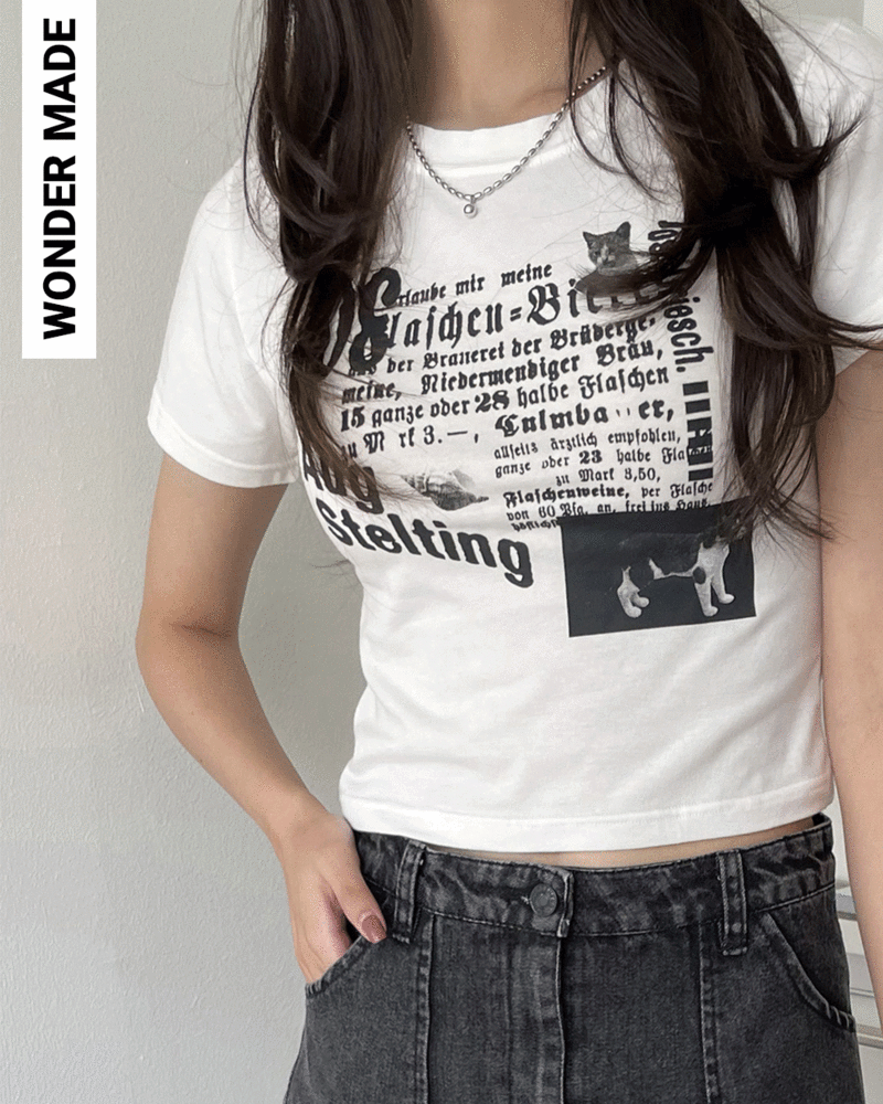 [4천장판매/당일배송/MADE] 네코 빈티지 고양이 프린팅 크롭 반팔 티셔츠