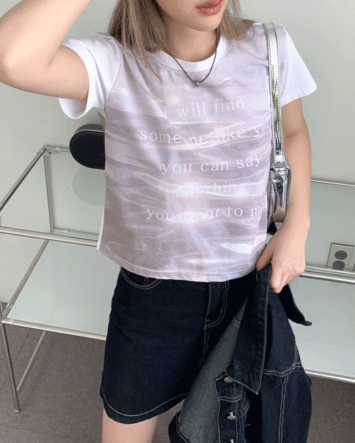 칸느 포토 레터링 프린팅 크롭 반팔 티셔츠
