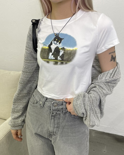 [당일배송] 렁크 고양이 프린팅 크롭 반팔 티셔츠