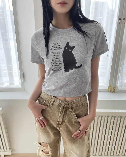 잭슨 검정 고양이 프린팅 크롭 반팔 티셔츠
