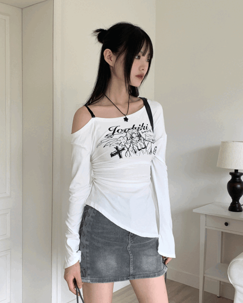포핑 언발 오프숄더 스트랩 백트임 긴팔 티셔츠